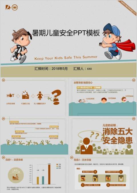 小清新卡通风格暑期儿童安全PPT模板