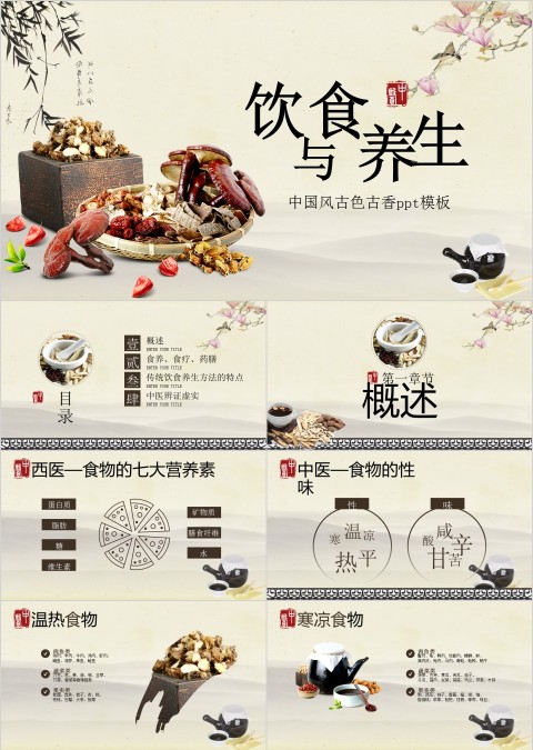 中国风古色古香饮食与养生ppt模板