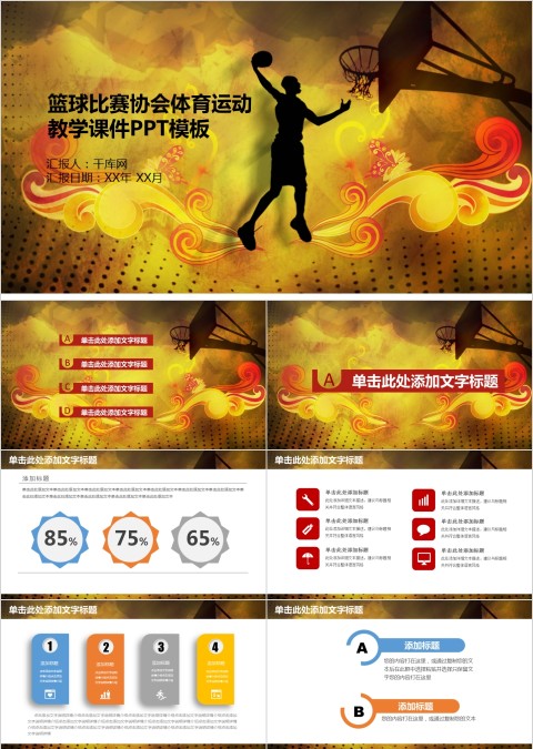 黄色篮球ppt体育运动比赛事NBA课件静动态PPT模板