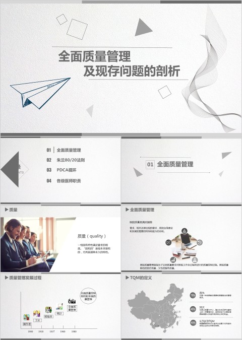 白色简约线条汇报全面质量管理PPT模板