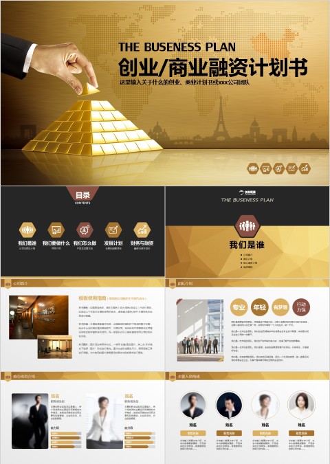 金色精美创业商业融资计划书商业计划书路演PPT模板   