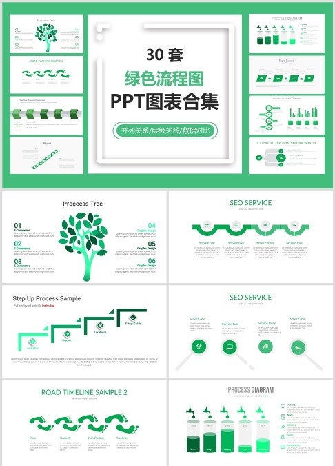 绿色流程图30套-并列关系.层级关系.数据对比