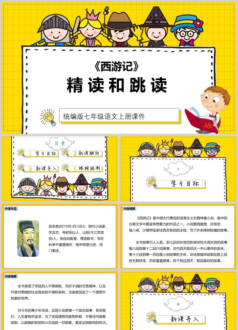 黄蓝色简约语文课件西游记精读和跳读PPT模板