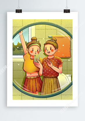 卡通创意闺蜜合照插画