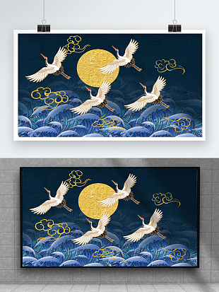 国潮来袭金色大气仙鹤腾飞背景墙
