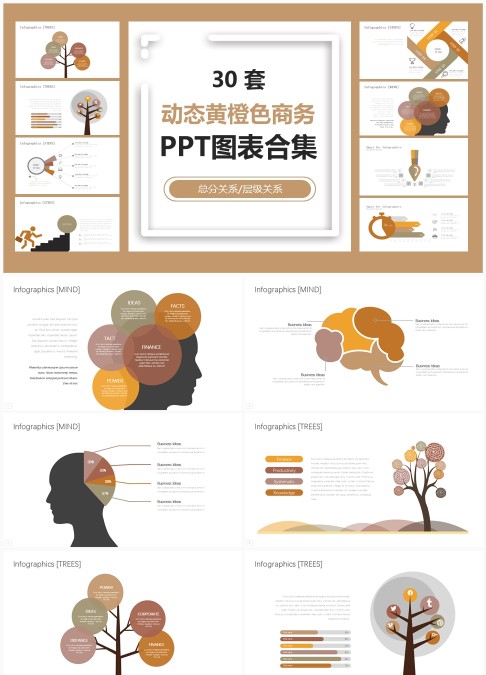 30 套动态黄橙色商务 PPT 图表合集：总分层级关系信息可视化汇报模板