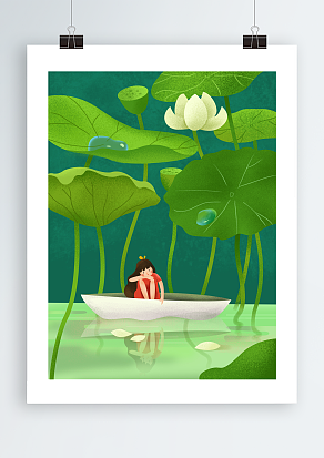 坐在小船上玩水的小女孩背景夏至主题海报设计