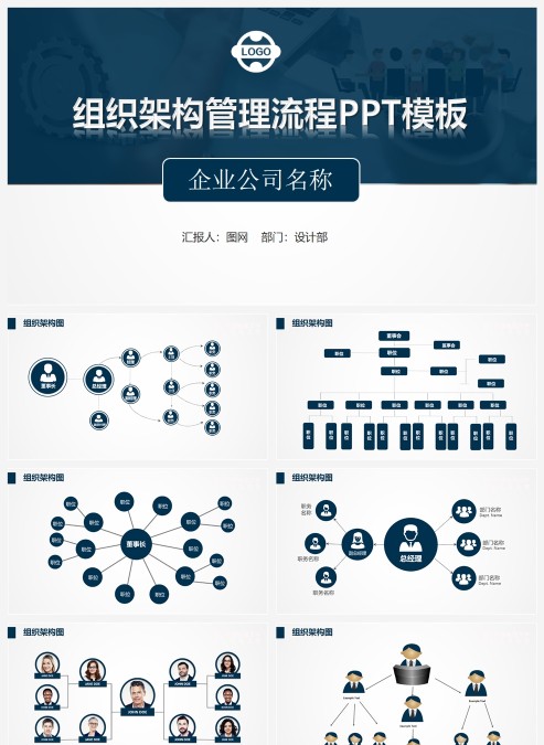 蓝红商务风组织构架图模板PPT