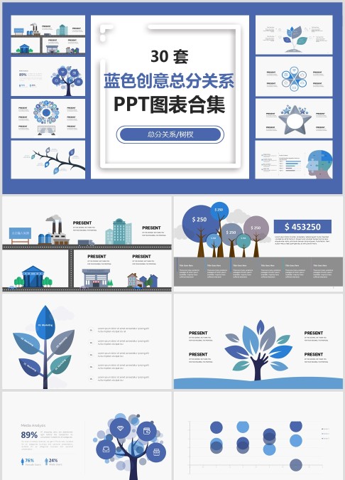 30 套 蓝色创意总分关系 PPT图表合集总分关系/树杈