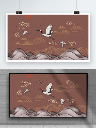 中式祥云仙鹤腾飞背景墙