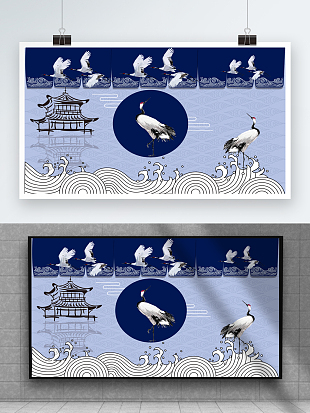 经典蓝色亭中仙鹤背景墙