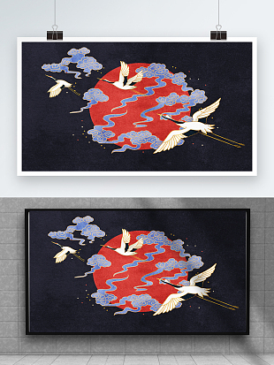 经典大气旭日仙鹤祥云背景墙