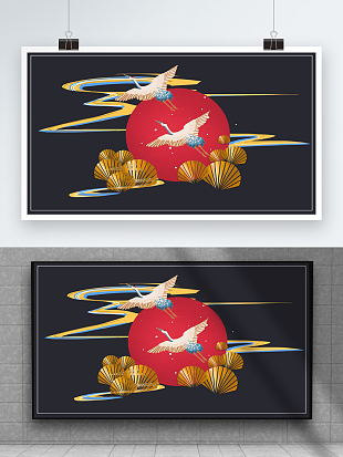 古典简约鎏金仙鹤背景墙