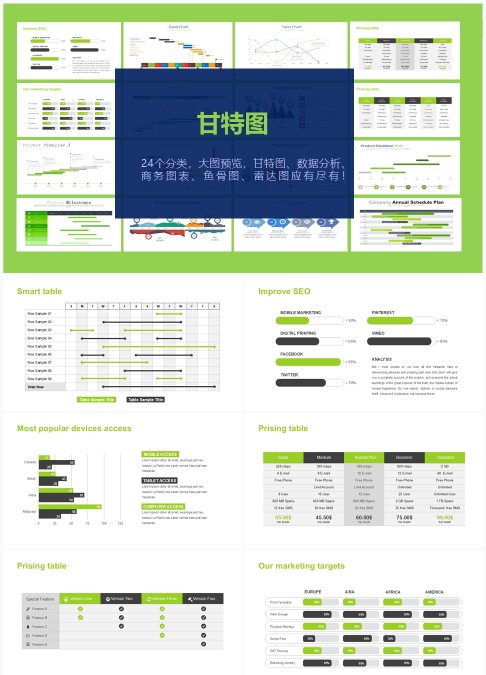 30 套甘特图多类型 PPT 图表合集：项目进度与数据分析可视化汇报模板