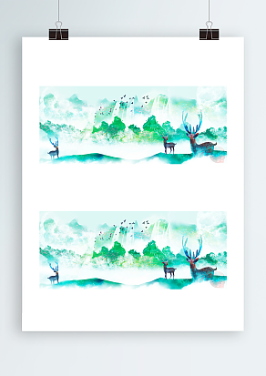 绿色山水画背景墙