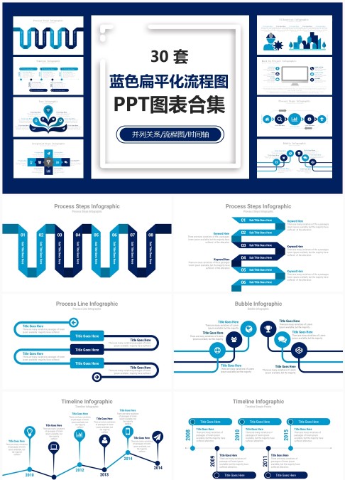 30 套蓝色扁平化流程图 PPT 图表合集：流程梳理与时间轴并列信息可视化汇报模板