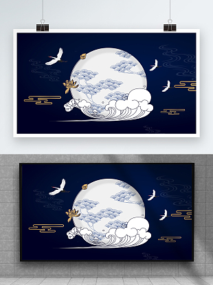 蓝色简约松针树祥瑞意境背景墙