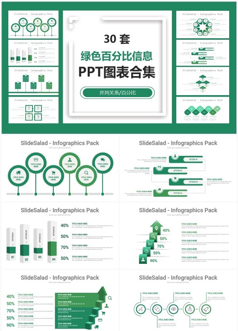 30 套绿色百分比信息 PPT 图表合集：清新风数据可视化与通用汇报模板库