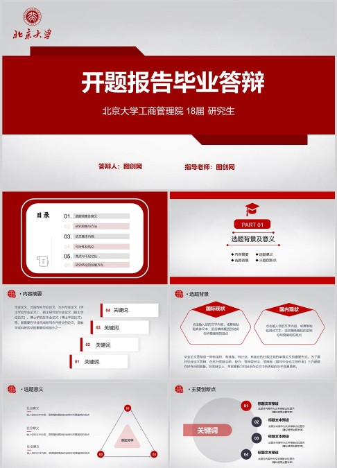红色简约扁平开题报告论文学术PPT模板