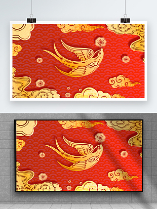 红色喜庆金丝雀装饰背景墙