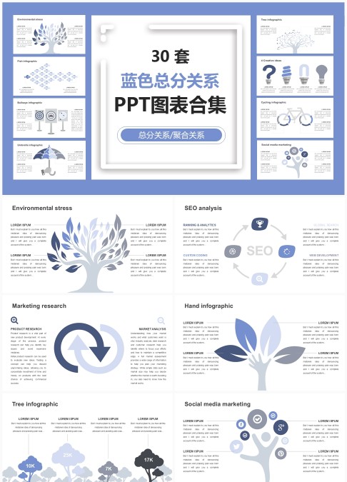 蓝图式总分关系PPT图表库 - 30套可编辑聚合架构与树状信息图模板