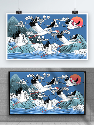 国潮来袭海浪仙鹤腾飞手绘风背景墙