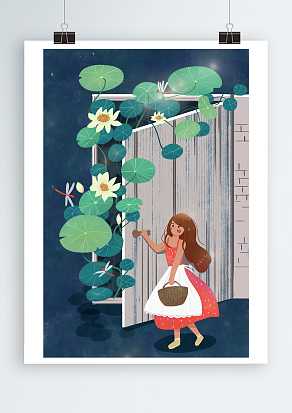 提着篮子出门采摘瓜果蔬菜的小女孩夏至卡通海报