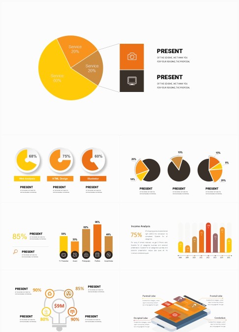 30 套黄色百分比 PPT 图表合集：数据呈现与演示汇报