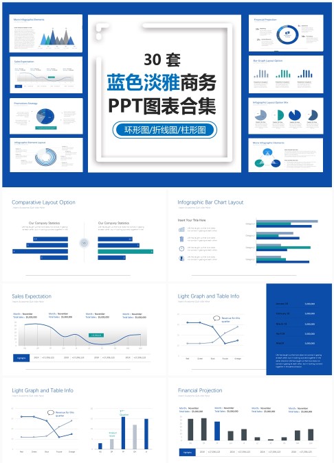 30 套蓝色淡雅商务 PPT 图表合集：多类型数据可视化与商务汇报模板
