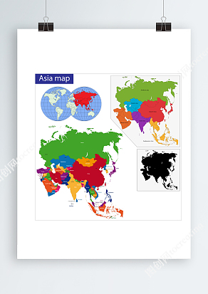 地球仪彩色亚洲各国家AI地图