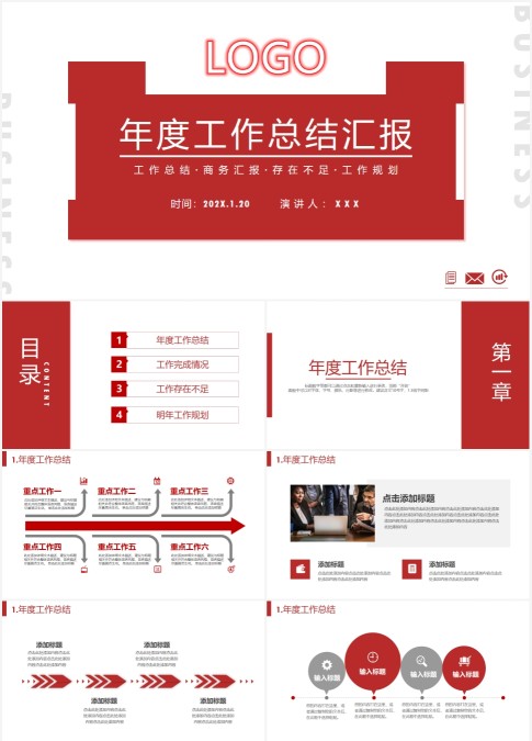 2022红色简约年度工作总结汇报PPT模板
