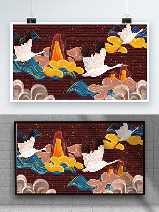 中国风油彩丹顶鹤背景墙展板