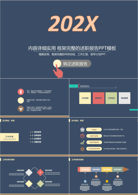 商务扁平蓝色转正晋升述职报告ppt动态模板