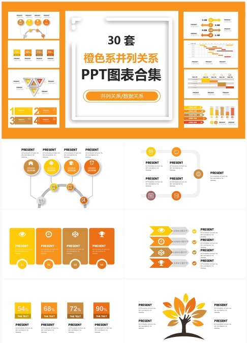 30 套橙色系并列关系 PPT 图表合集：分类展示与并列数据可视化汇报