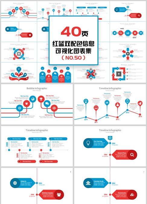 40页红蓝双配色信息可视化PPT图表集