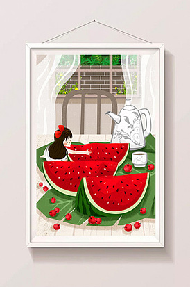 夏日清新西瓜少女卡通插画