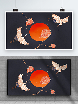 典雅大气牡丹仙鹤图案背景墙