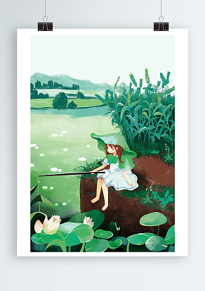 夏至绿色的荷花主题海报设计