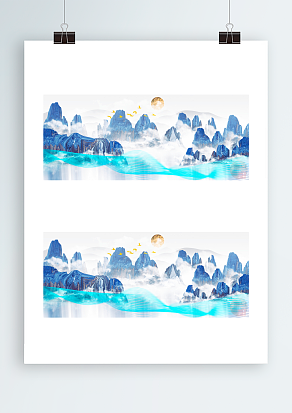 梦幻蓝山水画背景墙