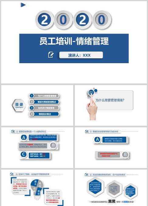 蓝色简约风团队建设员工培训之情绪管理PPT模板