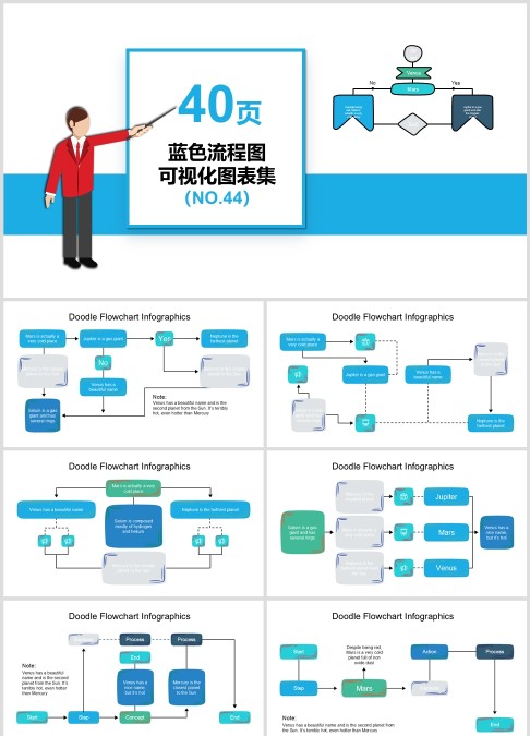 40页蓝色流程图可视化图表集PPT模板