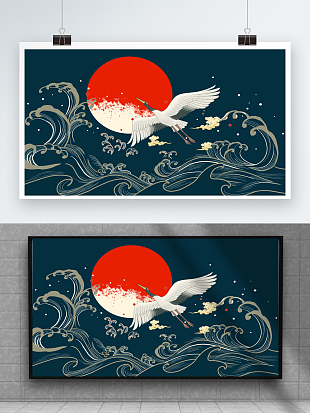 大气仙鹤丹顶鹤背景墙展板