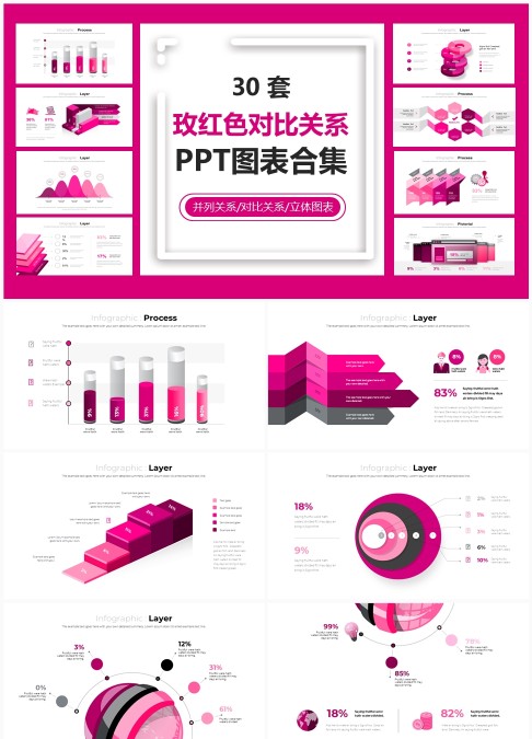 30 套玫红色对比关系 PPT 图表合集：立体对比与并列信息可视化汇报模板