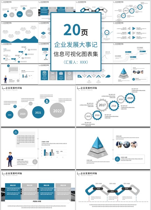 20页蓝色简约企业时间轴发展历程大事记PPT模板宣传PPT动态PPT
