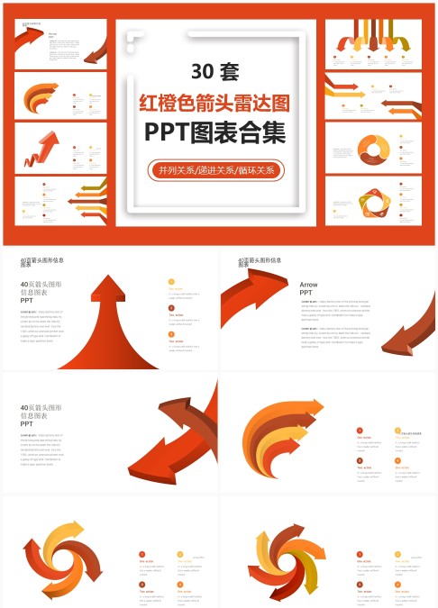 30 套红橙色箭头雷达图 PPT 图表合集：循环递进与并列信息可视化汇报模板