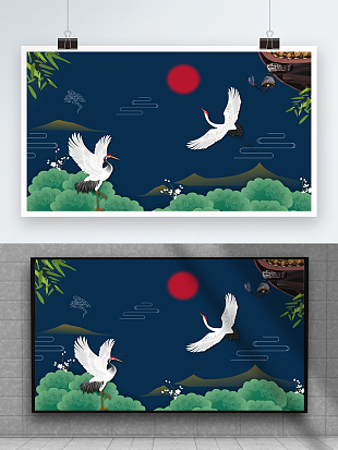 旭日松针仙鹤经典背景墙