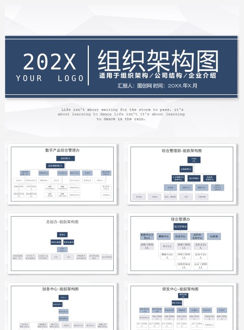 202X高级灰色蓝色简约企业组织架构PPT模板