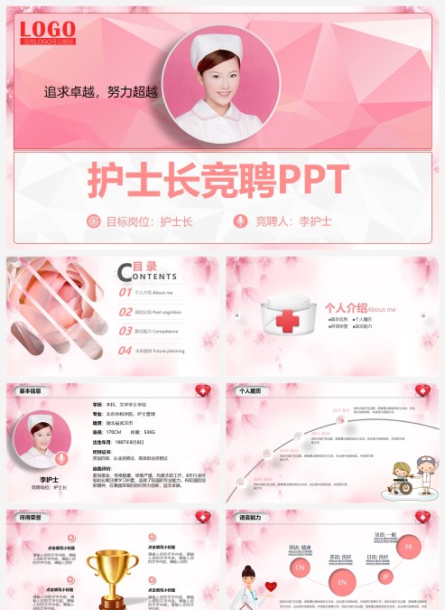 粉色框架完整护士长岗位竞聘个人简历PPT模板