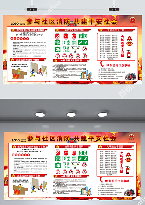 参与社区消防共建平安社会展板